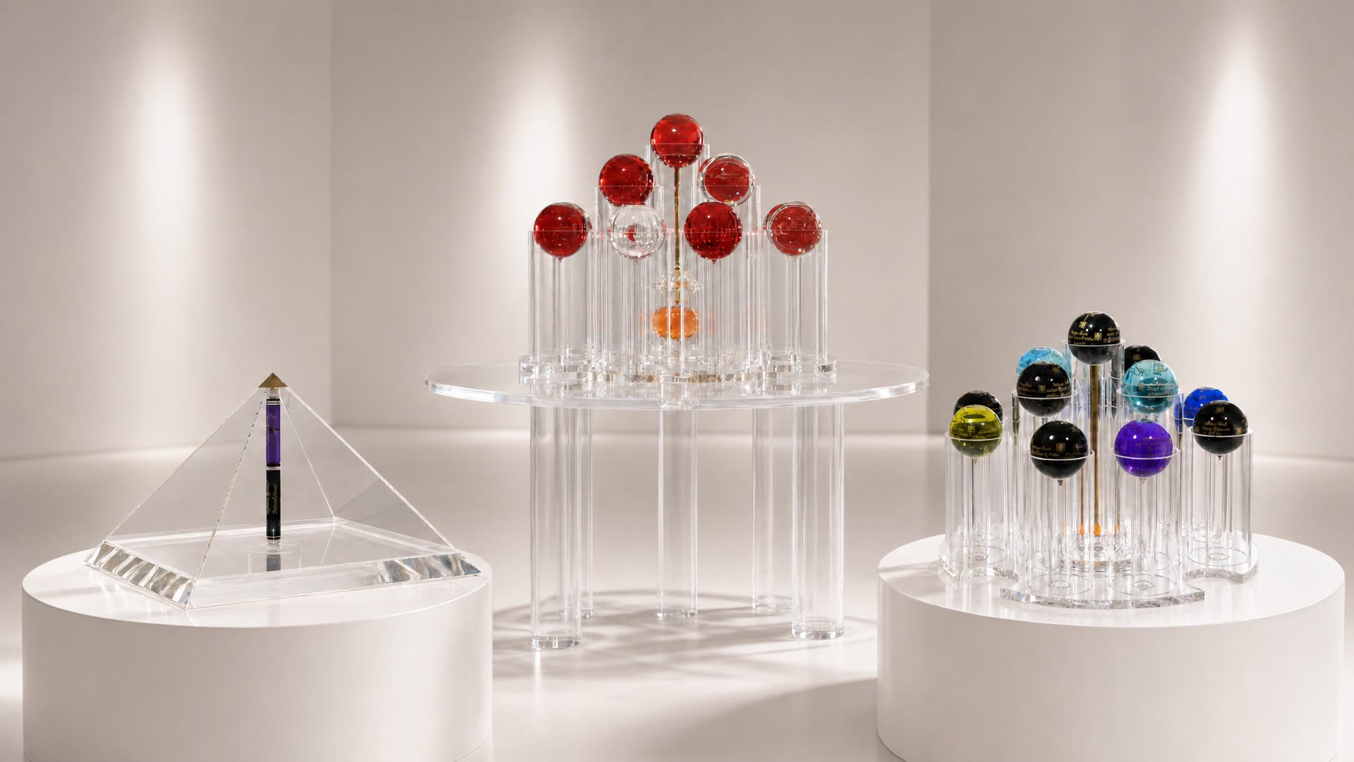 The three Alchymeic artefacts, the Fractaliser, the Satin Bubbler and the Travelling Bubbler, in a quiet gallery